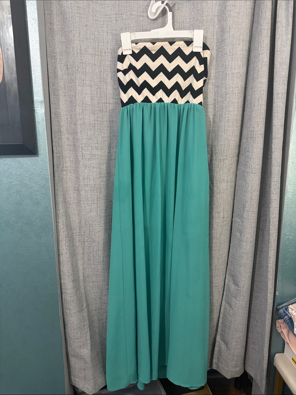 Sequin Hearts Black & White Chevron Bodice Teal Maxi Dress
